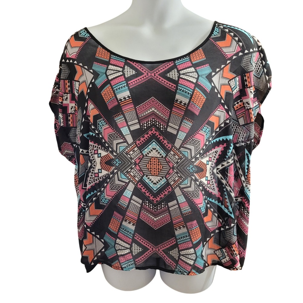 Torrid Geometric Tribal Print Sheer Chiffon Lattice Open Back Blouse Plus Sz 2X
